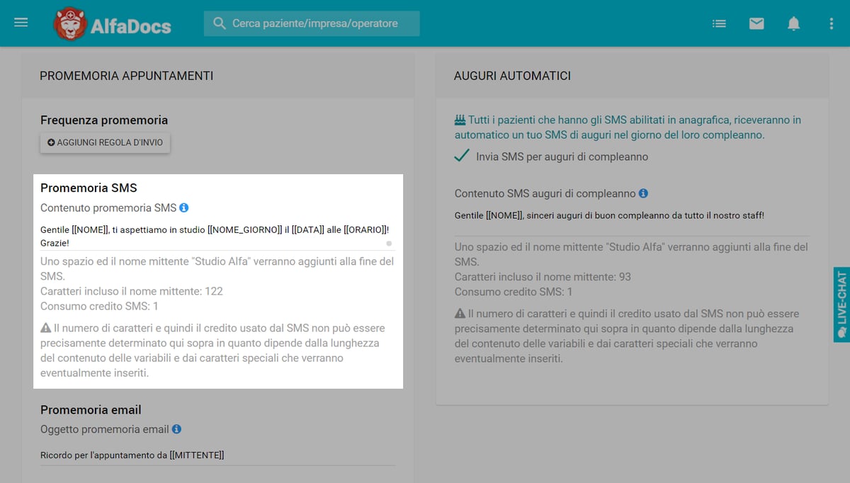 Personalizzare gli SMS di promemoria